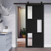 Top Mounted Black Sliding Track & Solid Wood Door - Eco-Urban® Tokyo 3 Pane 3 Panel Solid Wood Door DD6423SG Frosted Glass - Shadow Black Premium Primed