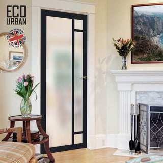 Image: Handmade Eco-Urban Suburban 4 Pane Solid Wood Internal Door UK Made DD6411SG Frosted Glass - Eco-Urban® Shadow Black Premium Primed