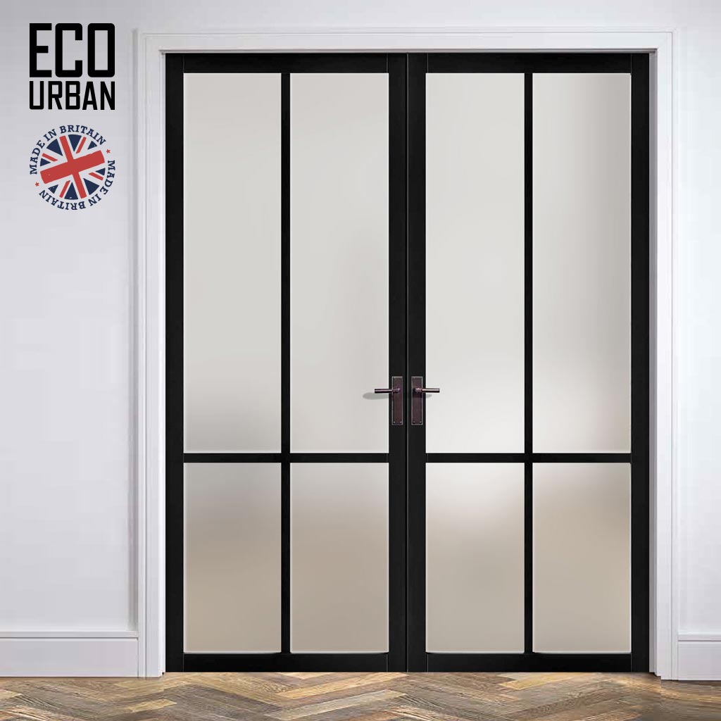Eco-Urban Bronx 4 Pane Solid Wood Internal Door Pair UK Made DD6315SG - Frosted Glass - Eco-Urban® Shadow Black Premium Primed