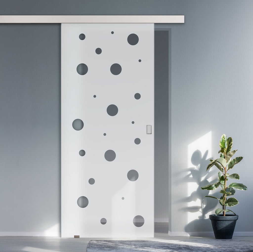 Single Glass Sliding Door - Polka Dot 8mm Obscure Glass - Clear Printed Design with Elegant Track