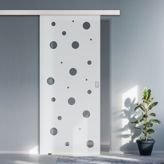 Image: Single Glass Sliding Door - Polka Dot 8mm Obscure Glass - Clear Printed Design with Elegant Track