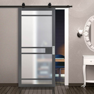 Image: Top Mounted Black Sliding Track & Solid Wood Door - Eco-Urban® Sheffield 5 Pane Solid Wood Door DD6312SG - Frosted Glass - Stormy Grey Premium Primed