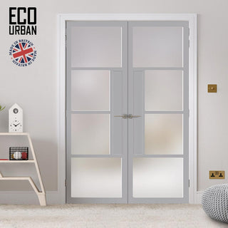 Image: Eco-Urban Boston 4 Pane Solid Wood Internal Door Pair UK Made DD6311SG - Frosted Glass - Eco-Urban® Mist Grey Premium Primed