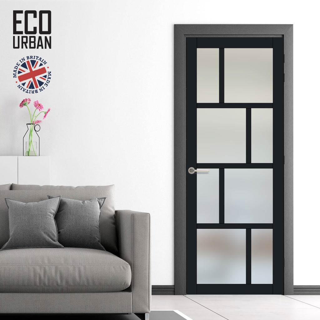 Handmade Eco-Urban Kochi 8 Pane Door DD6415SG Frosted Glass - Black Premium Primed