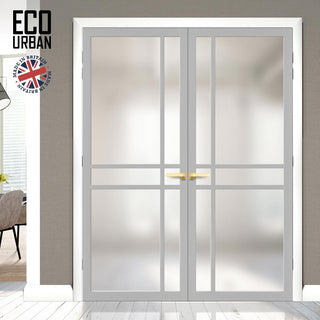 Image: Eco-Urban Glasgow 6 Pane Solid Wood Internal Door Pair UK Made DD6314SG - Frosted Glass - Eco-Urban® Mist Grey Premium Primed