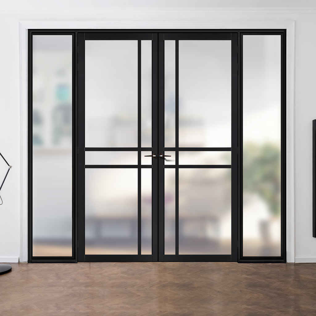 Bespoke Room Divider - Eco-Urban® Glasgow Door Pair DD6314F - Frosted Glass with Full Glass Sides - Premium Primed - Colour & Size Options