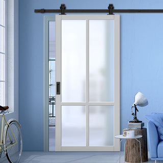 Image: Top Mounted Black Sliding Track & Solid Wood Door - Eco-Urban® Bronx 4 Pane Solid Wood Door DD6315SG - Frosted Glass - Mist Grey Premium Primed