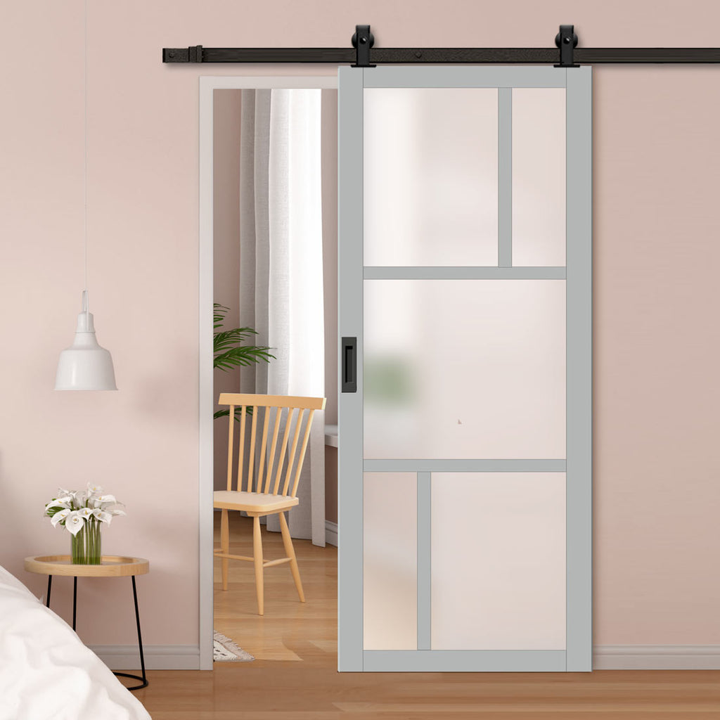 Top Mounted Black Sliding Track & Solid Wood Door - Eco-Urban® Arran 5 Pane Solid Wood Door DD6432SG Frosted Glass - Mist Grey Premium Primed