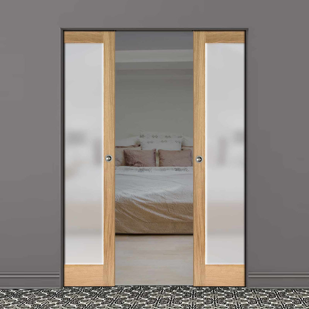 Pattern 10 Oak Absolute Evokit Double Pocket Doors - Full Pane Frosted Glass - Unfinished