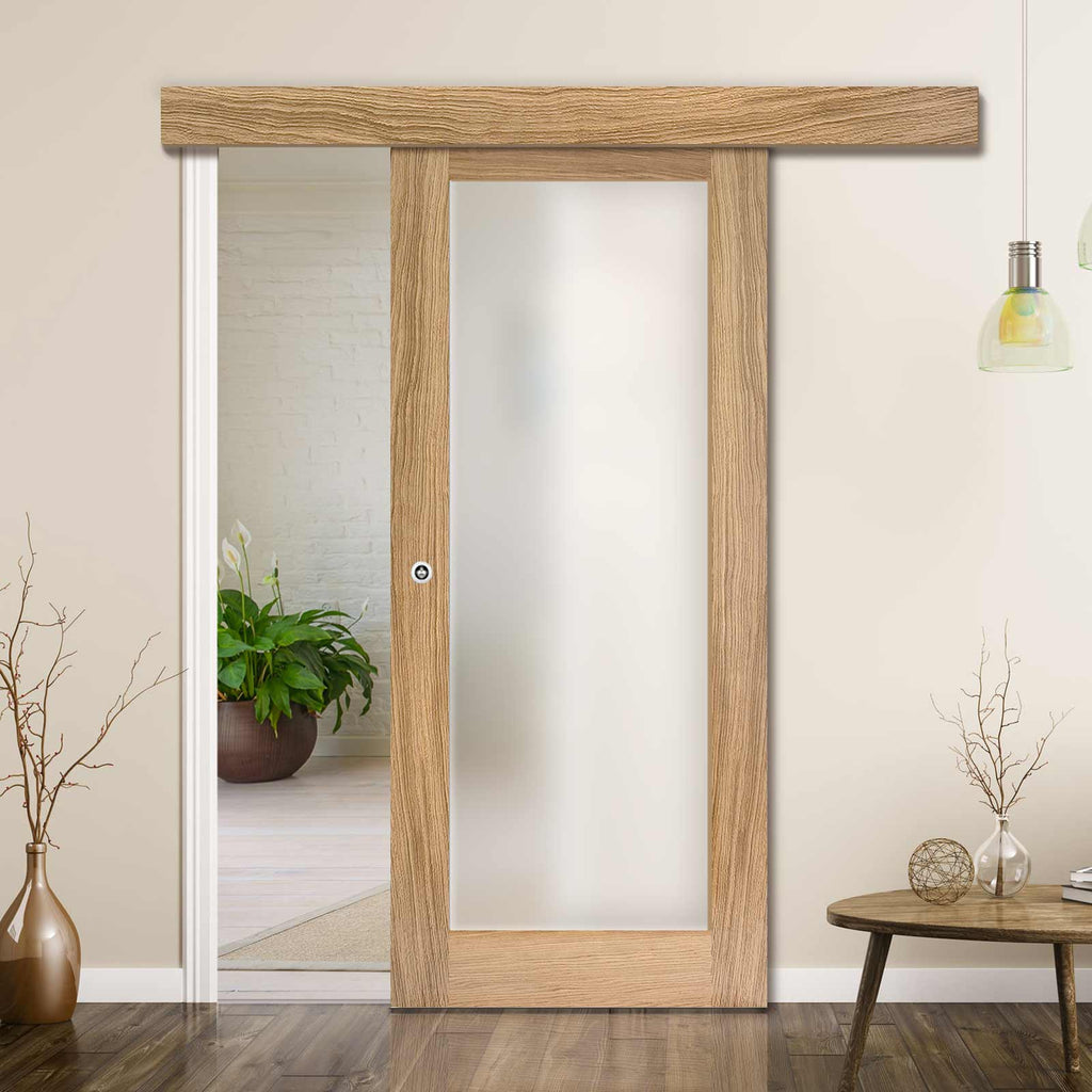 Single Sliding Door & Wall Track - Pattern 10 Oak Door - Frosted Glass - Unfinished