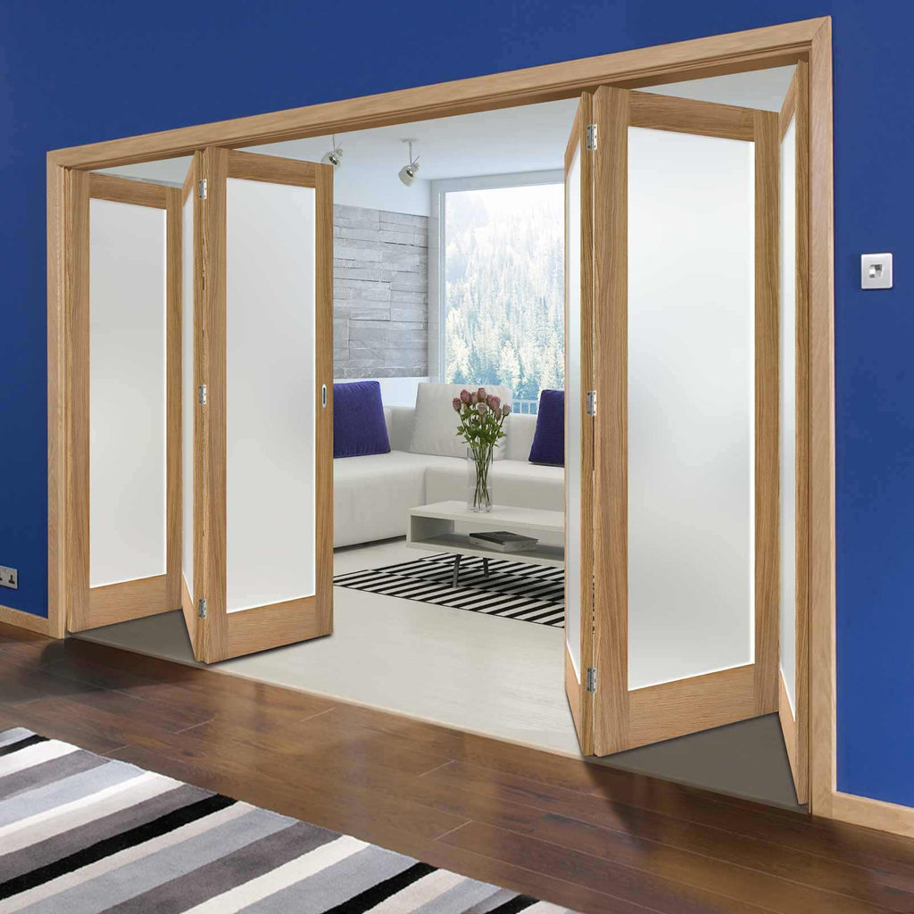 Six Folding Doors & Frame Kit - Pattern 10 Oak 3+3 - Frosted Glass - Unfinished