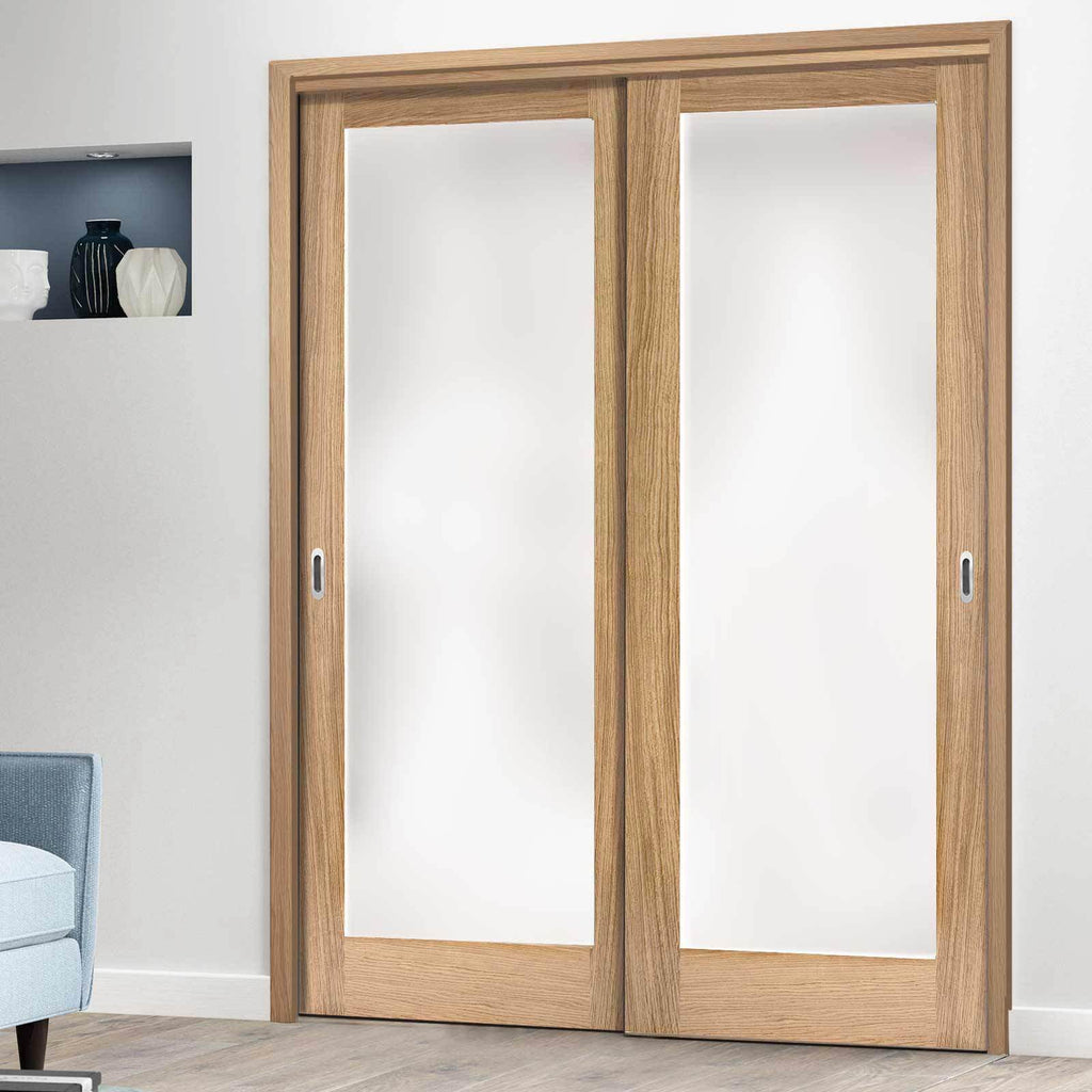 Minimalist Wardrobe Door & Frame Kit - Two Pattern 10 Oak Doors - Frosted Glass - Unfinished