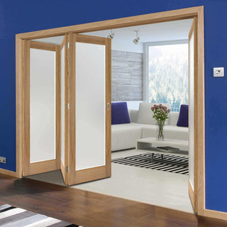 Image: Four Folding Doors & Frame Kit - Pattern 10 Oak 3+1 - Frosted Glass - Unfinished