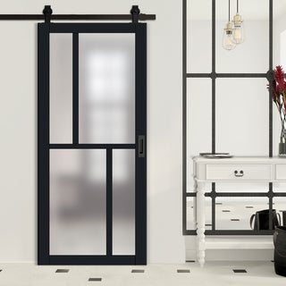 Image: Top Mounted Black Sliding Track & Solid Wood Door - Eco-Urban® Hampton 4 Pane Solid Wood Door DD6413SG Frosted Glass - Shadow Black Premium Primed