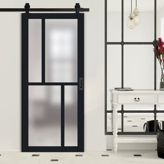 Image: Bespoke Top Mounted Sliding Track & Solid Wood Door - Eco-Urban® Hampton 4 Pane Door DD6413SG Frosted Glass - Premium Primed Colour Options