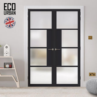 Image: Eco-Urban Boston 4 Pane Solid Wood Internal Door Pair UK Made DD6311SG - Frosted Glass - Eco-Urban® Shadow Black Premium Primed