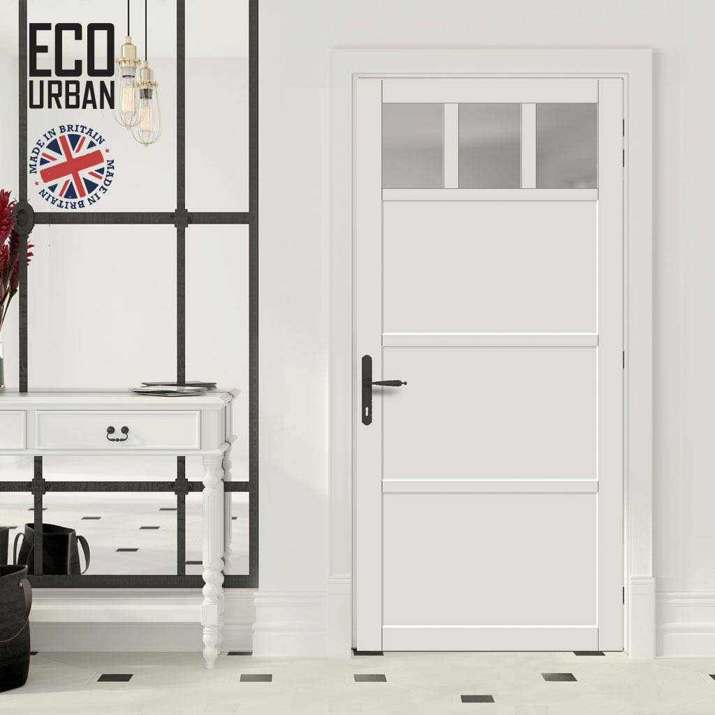 Handmade Eco-Urban Lagos 3 Pane 3 Panel Solid Wood Internal Door UK Made DD6427SG Frosted Glass - Eco-Urban® Cloud White Premium Primed