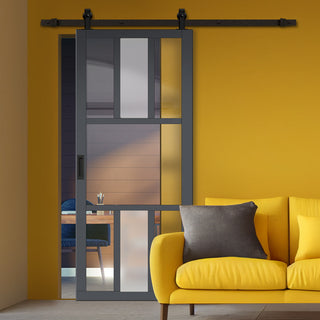 Image: Top Mounted Black Sliding Track & Solid Wood Door - Eco-Urban® Tasmania 7 Pane Solid Wood Door DD6425G Clear Glass(1 FROSTED PANE) - Stormy Grey Premium Primed