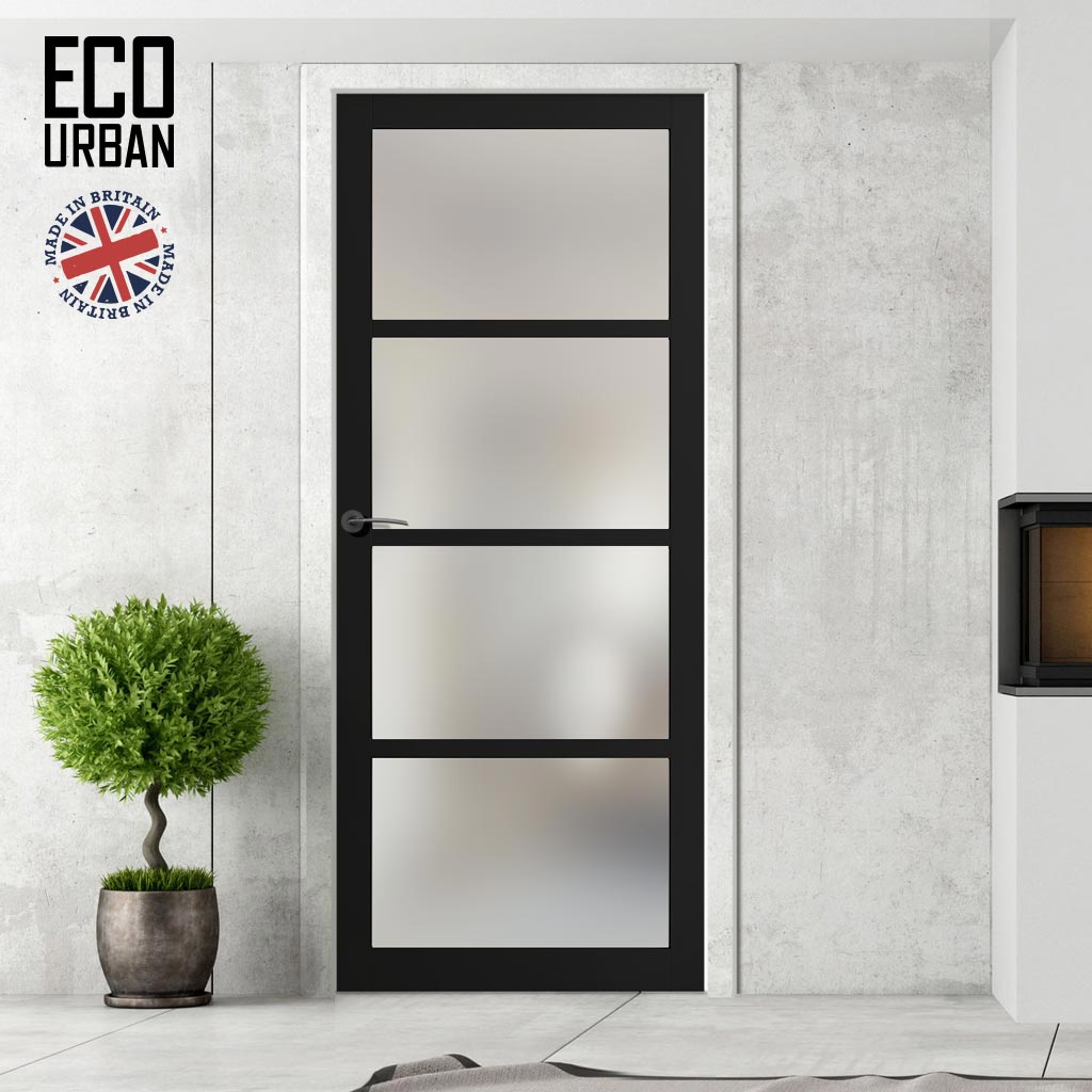 Handmade Eco-Urban Brooklyn 4 Pane Solid Wood Internal Door UK Made DD6308SG - Frosted Glass - Eco-Urban® Shadow Black Premium Primed