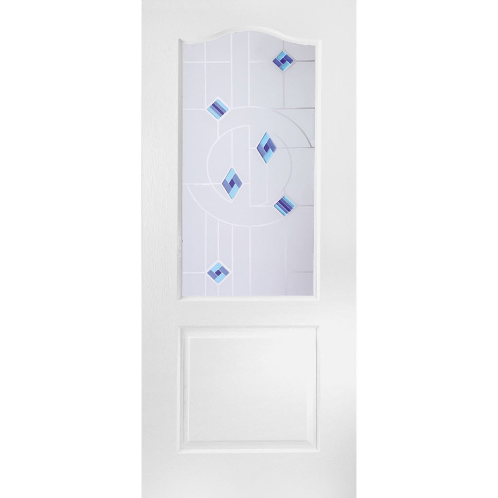 White PVC classic door with grained faces fusion blue style toughened glass 