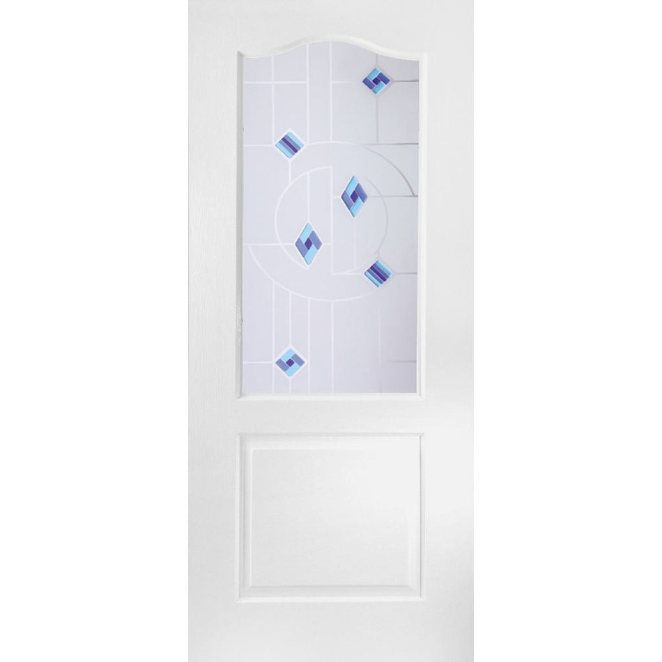 White PVC classic door with grained faces fusion blue style toughened glass 