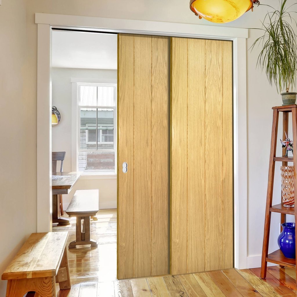 Galway American Oak Veneer Staffetta Twin Telescopic Pocket Doors - Unfinished