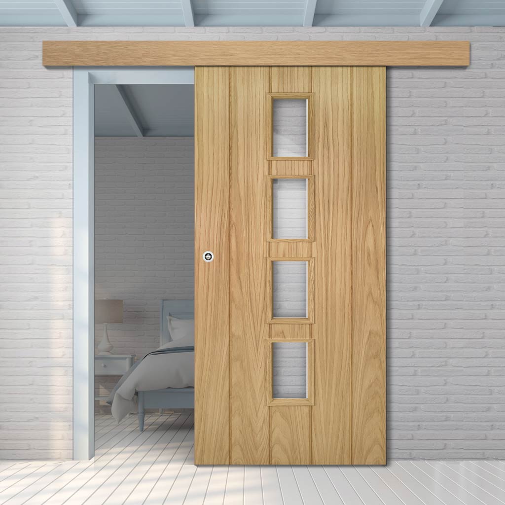 Single Sliding Door & Wall Track - Galway Oak Glazed Door - Clear Glass - Unfinished