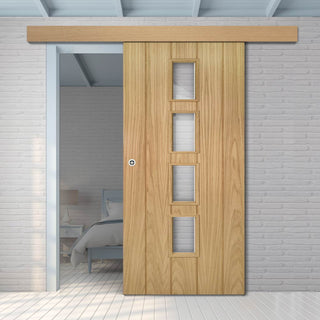 Image: Single Sliding Door & Wall Track - Galway Oak Glazed Door - Clear Glass - Unfinished