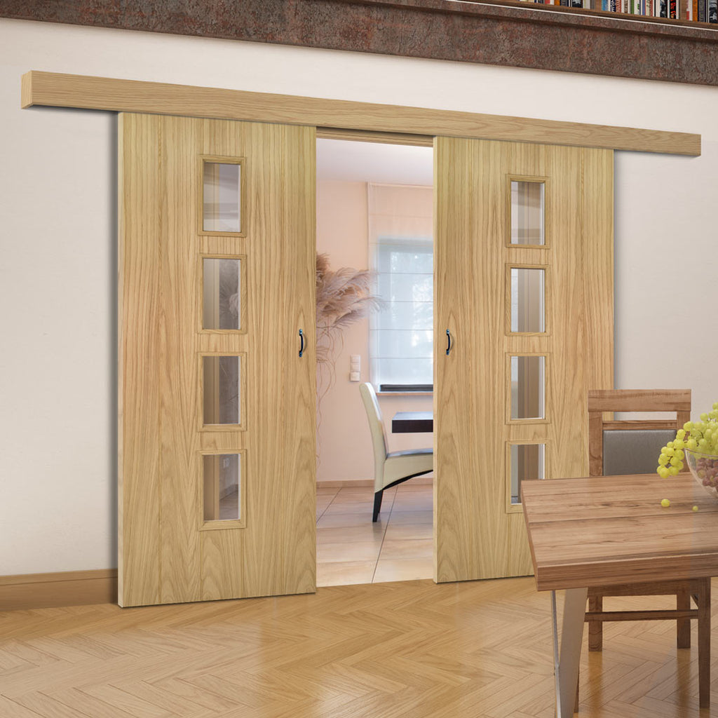 Double Sliding Door & Wall Track - Galway Oak Glazed Door - Clear Glass - Unfinished