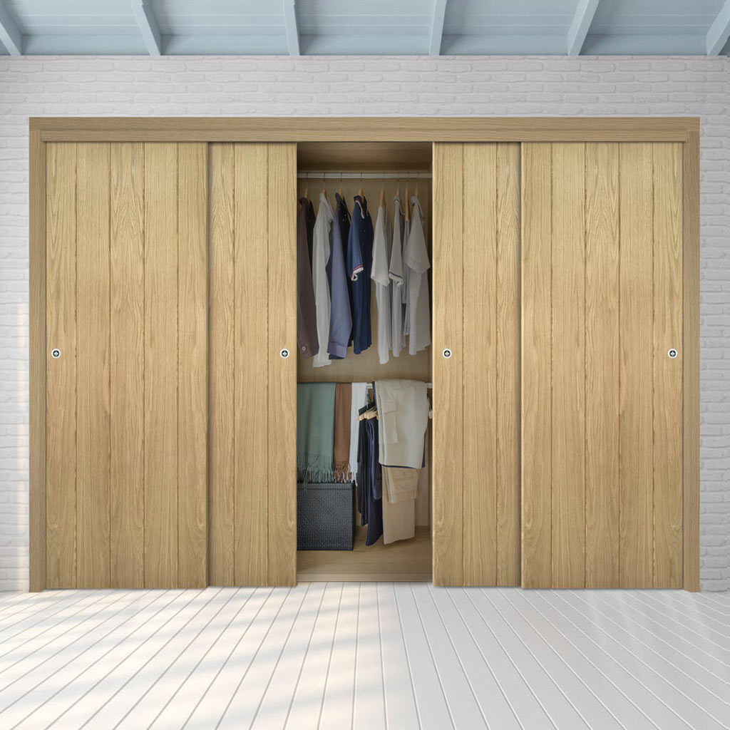 Four Sliding Maximal Wardrobe Doors & Frame Kit - Galway Real American Oak Veneer Door Unfinished