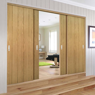 Image: Pass-Easi Four Sliding Doors and Frame Kit - Galway Real American Oak Veneer Door Unfinished