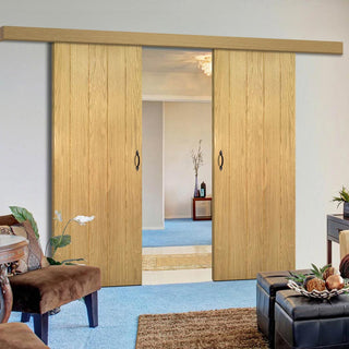 Image: Double Sliding Door & Wall Track - Galway Real American Oak Veneer Door Unfinished