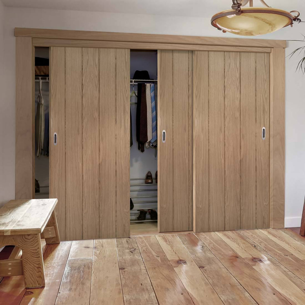 Three Sliding Maximal Wardrobe Doors & Frame Kit - Galway Real American Oak Veneer Door Unfinished
