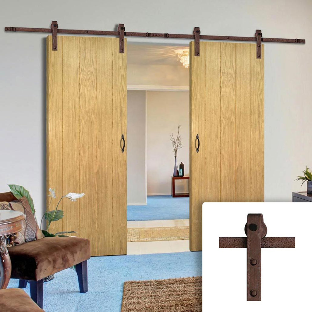 Double Sliding Door & Straight Antique Rust Track - Galway American Oak Veneer Door Unfinished