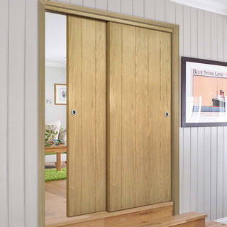 Image: Pass-Easi Two Sliding Doors and Frame Kit - Galway Real American Oak Veneer Door Unfinished