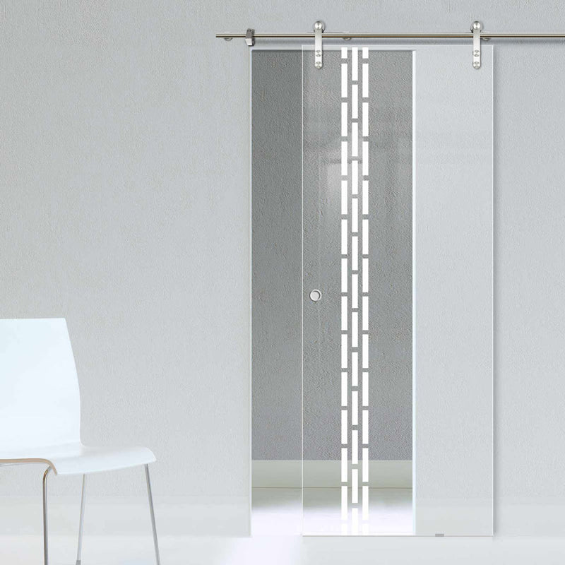 Single Glass Sliding Door - Solaris Tubular Stainless Steel Sliding Track & Garvald 8mm Clear Glass - Obscure Printed Design