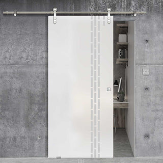 Image: Single Glass Sliding Door - Solaris Tubular Stainless Steel Sliding Track & Garvald 8mm Obscure Glass - Obscure Printed Design