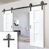 Double Sliding Door & Wagon Wheel Black Track - Geo White Panelled Doors