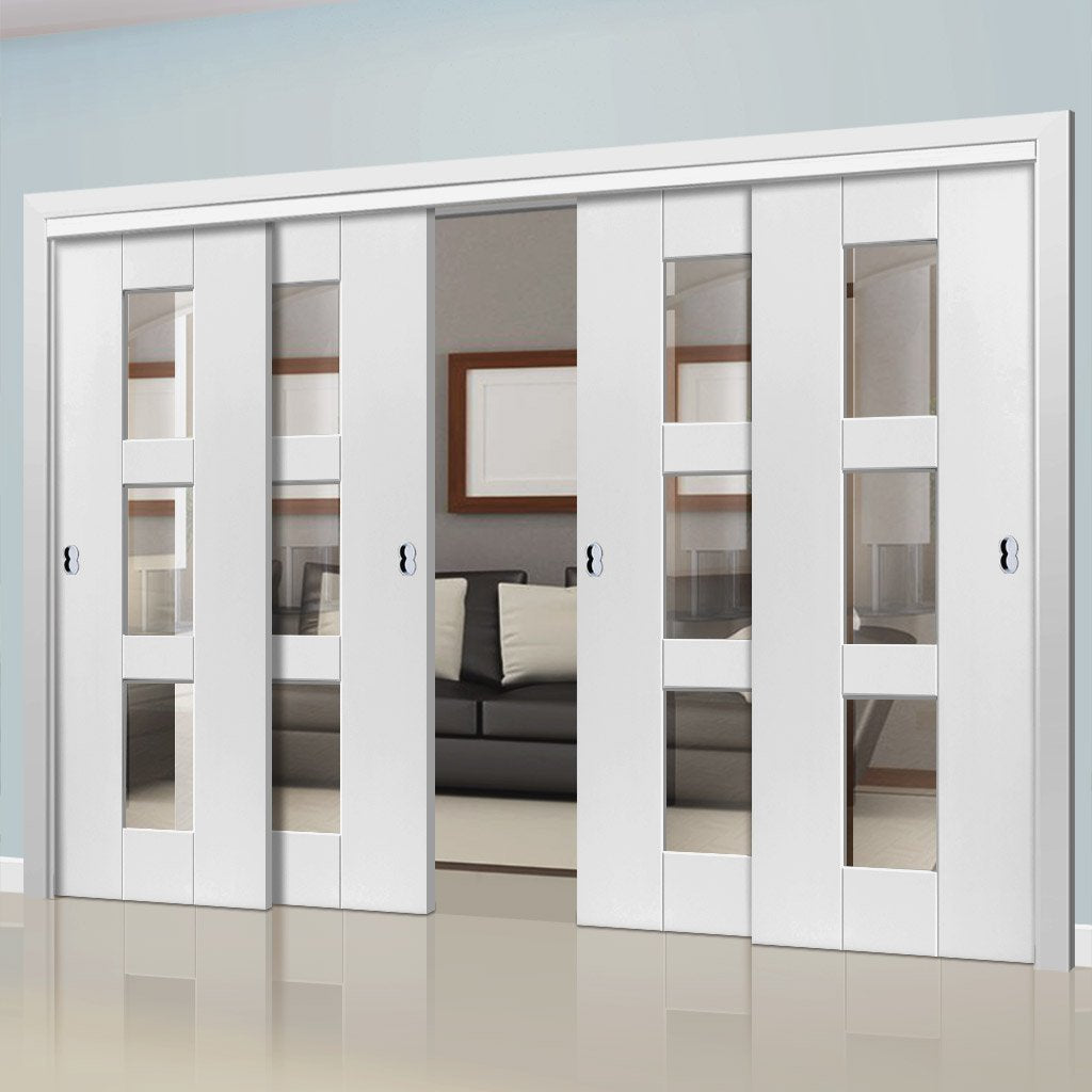 Four Sliding Doors and Frame Kit - Geo White Primed Door - Clear Glass