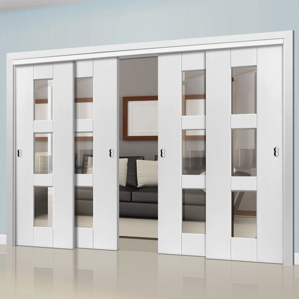 Four Sliding Doors and Frame Kit - Geo White Primed Door - Clear Glass