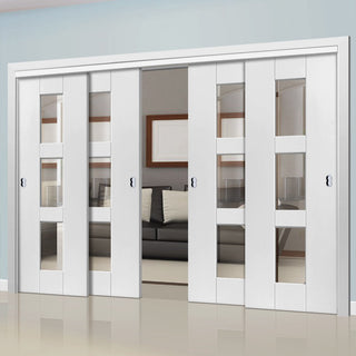 Image: Four Sliding Doors and Frame Kit - Geo White Primed Door - Clear Glass