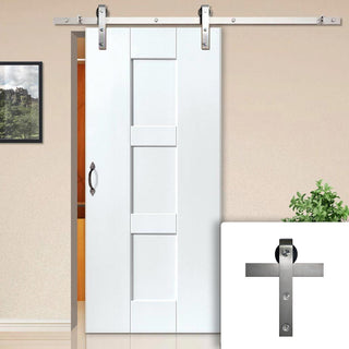 Image: Single Sliding Door & Stainless Steel Barn Track - Geo White Panelled Door
