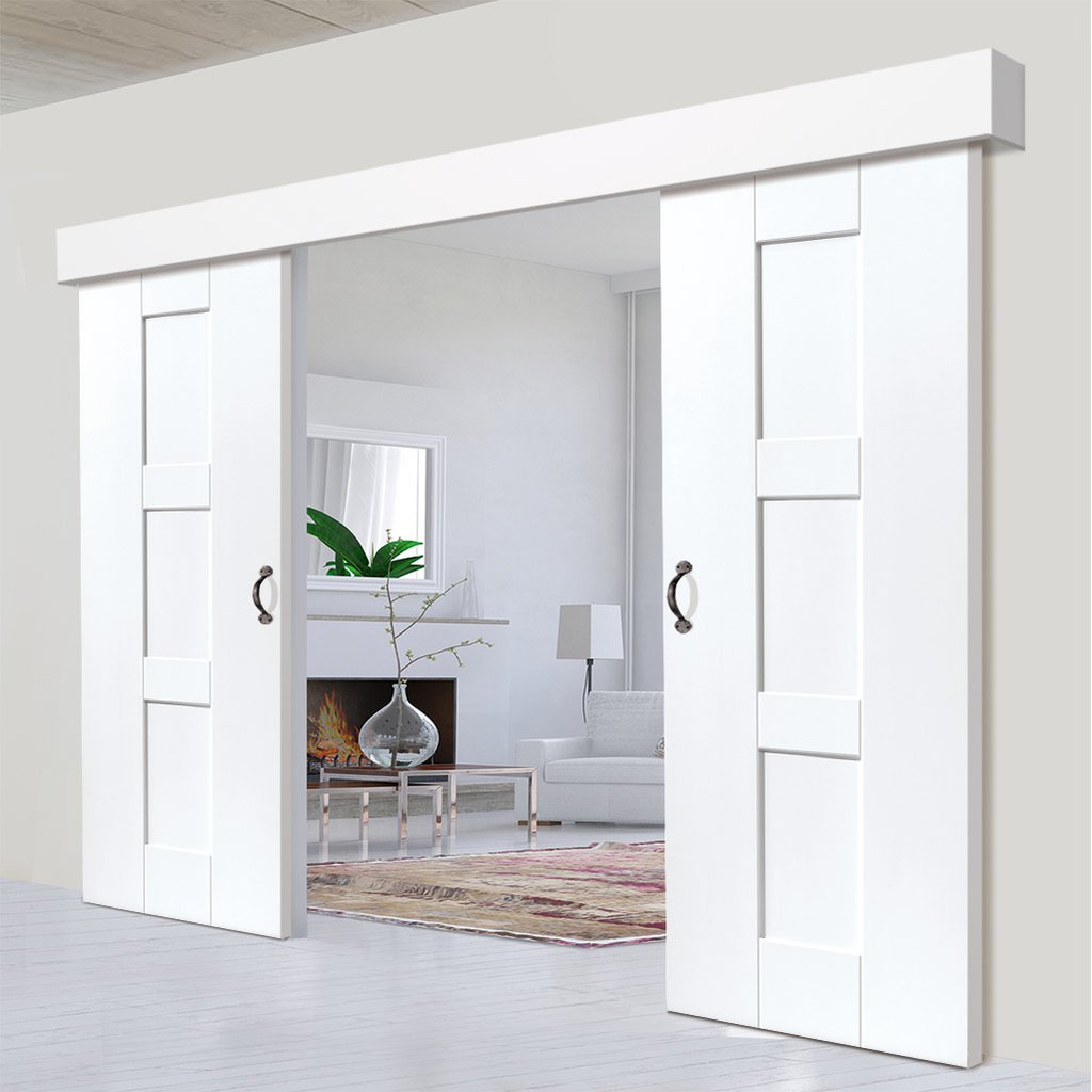 Double Sliding Door & Wall Track - Geo White Primed Doors
