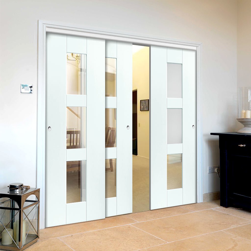 Three Sliding Doors and Frame Kit - Geo White Primed Door - Clear Glass