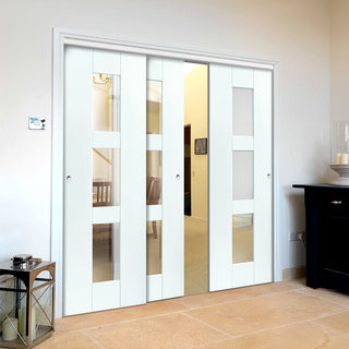 Image: Three Sliding Doors and Frame Kit - Geo White Primed Door - Clear Glass