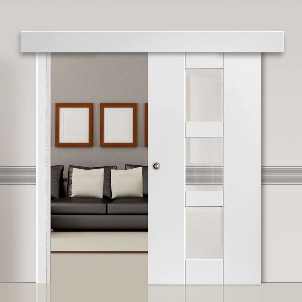 Single Sliding Door & Wall Track - Geo White Primed Door - Clear Glass