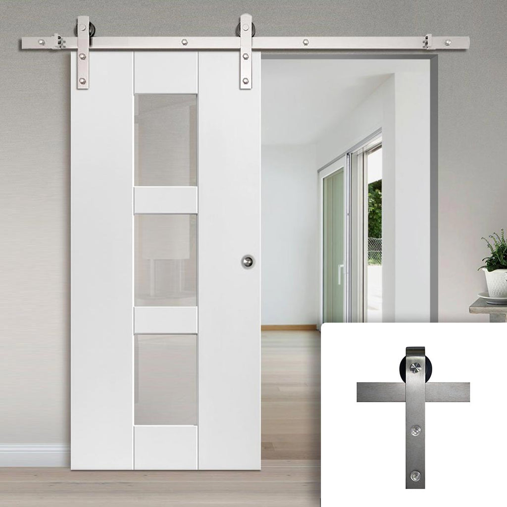 Single Sliding Door & Stainless Steel Barn Track - Geo White Door - Clear Glass