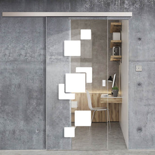 Image: Single Glass Sliding Door - Geometric Bold 8mm Clear Glass - Obscure Printed Design with Elegant Track