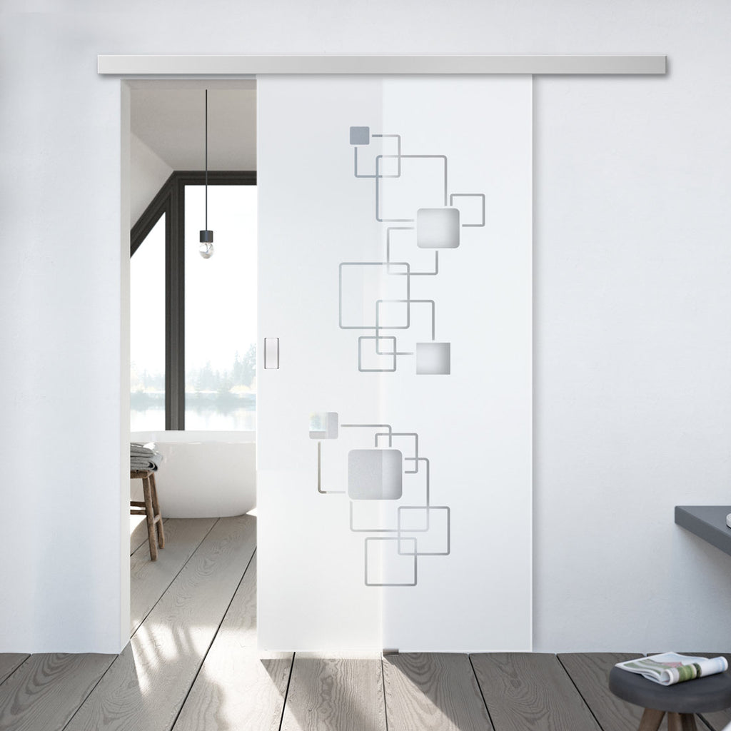 Single Glass Sliding Door - Geometric Pattern 8mm Obscure Glass - Clear Printed Design with Elegant Track