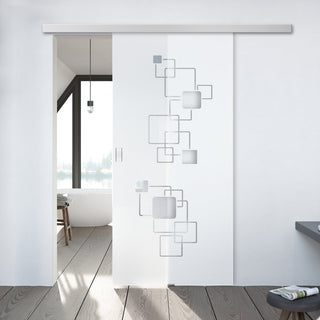 Image: Single Glass Sliding Door - Geometric Pattern 8mm Obscure Glass - Clear Printed Design with Elegant Track